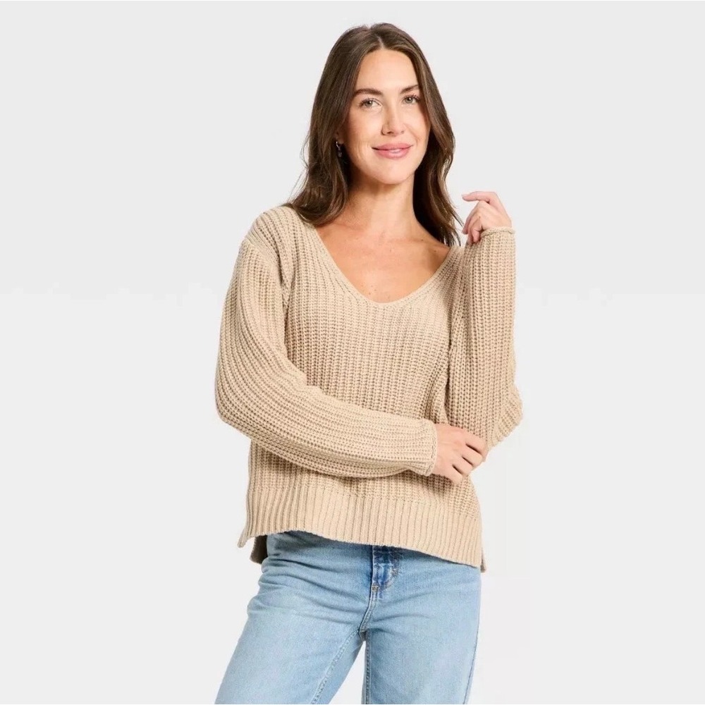 Universal Thread Womens Shaker Stitch V-Neck Pullover Sweater Oatmeal Beige S